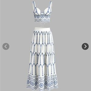 White and Blue Embroidered 2 PC Crop top and Maxi Skirt - Women's Summer Skirt